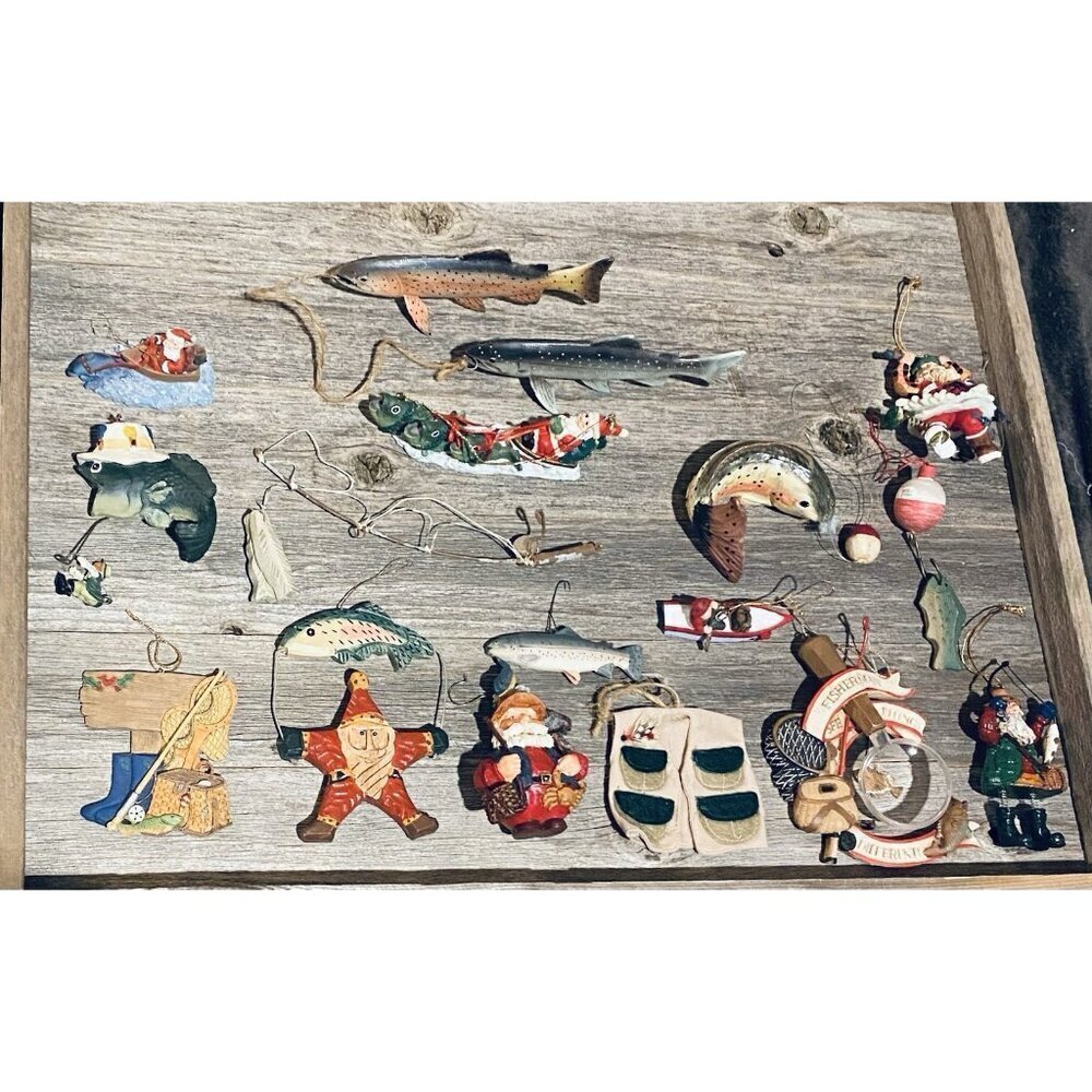 Vintage Fishing Theme Christmas Ornaments Lot of 16 Rustic Cabin Decor Man Cave